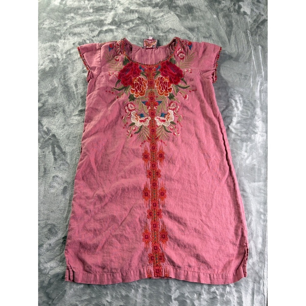 Johnny Was Women's Embroidered Linen Shift Dress XS Pink Round Neckline